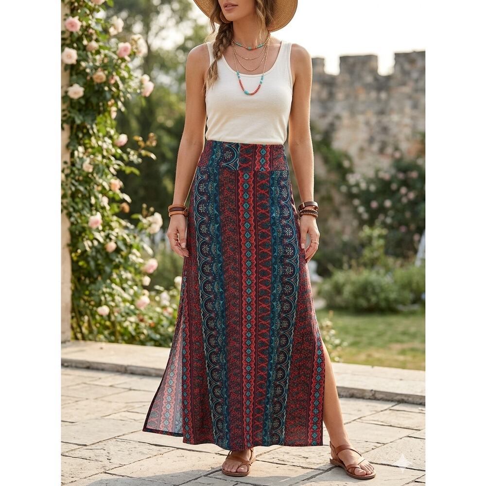 Charlotte Russe‎ Boho Maxi Geometric Tribal Print Side Slit Y2K Festival Skirt M